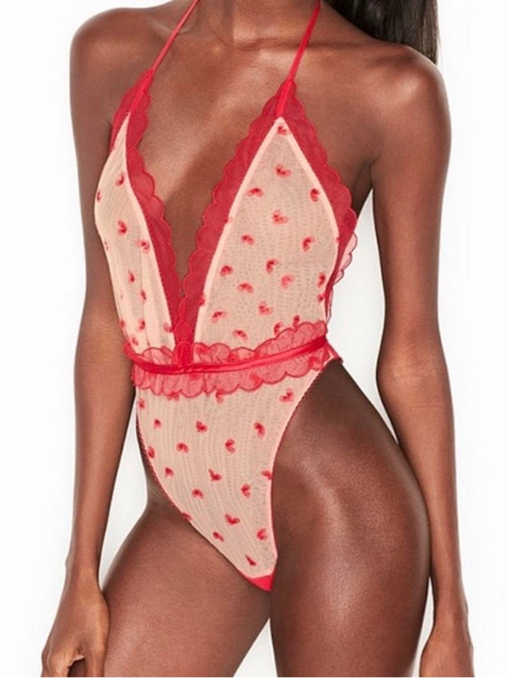 NWT Victoria's Secret Red & Nude Lace Plunge Bodysuit
